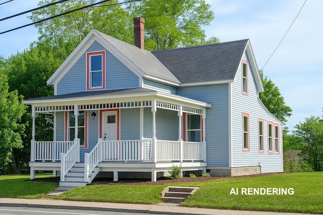 363 Lisbon St, Lisbon, ME 04250 - view of front of home featuring covered porch, a chimney, and a front lawn