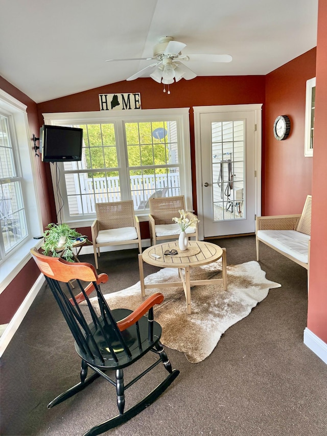 8 Clark Cir, Hampden, ME 04444 - carpeted living area featuring ceiling fan and lofted ceiling