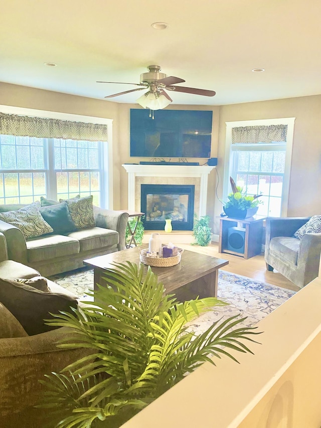 8 Clark Cir, Hampden, ME 04444 - living area featuring ceiling fan, plenty of natural light, a fireplace, recessed lighting, and wood finished floors