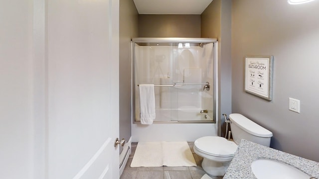 8 Clark Cir, Hampden, ME 04444 - bathroom featuring vanity, tile patterned floors, enclosed tub / shower combo, and baseboard heating