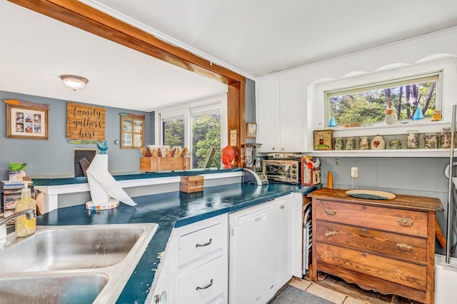 350 Cushing Rd, Cushing, ME 04563 - kitchen featuring dishwasher, white cabinetry, and dark countertops