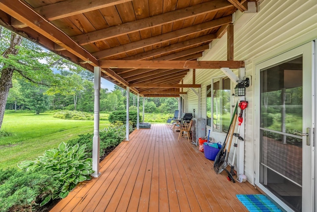 350 Cushing Rd, Cushing, ME 04563 - wooden terrace with a yard and view of wooded area