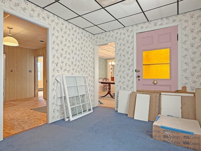 35 Washington St, Rumford, ME 04276 - hall featuring carpet floors, wallpapered walls, and a drop ceiling
