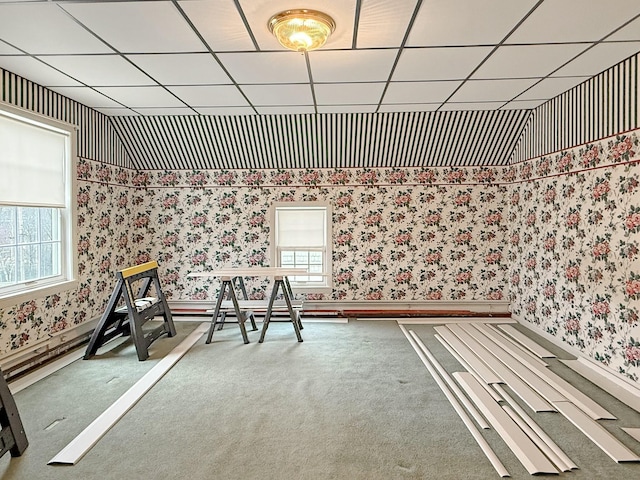 35 Washington St, Rumford, ME 04276 - interior space with wallpapered walls, carpet floors, and a paneled ceiling