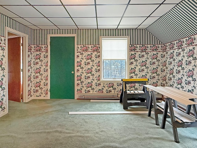 35 Washington St, Rumford, ME 04276 - dining area featuring wallpapered walls, carpet floors, and a drop ceiling