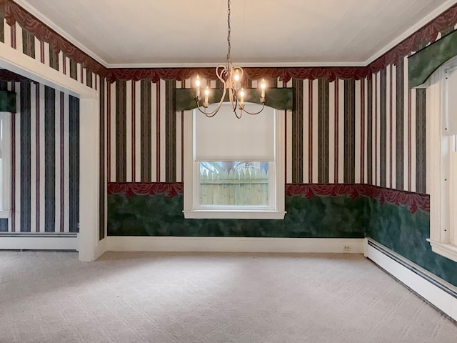 35 Washington St, Rumford, ME 04276 - unfurnished dining area featuring wallpapered walls, a baseboard heating unit, a chandelier, and carpet