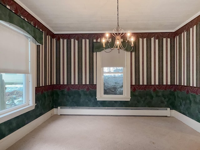 35 Washington St, Rumford, ME 04276 - unfurnished room featuring wallpapered walls, a chandelier, healthy amount of natural light, baseboard heating, and carpet floors