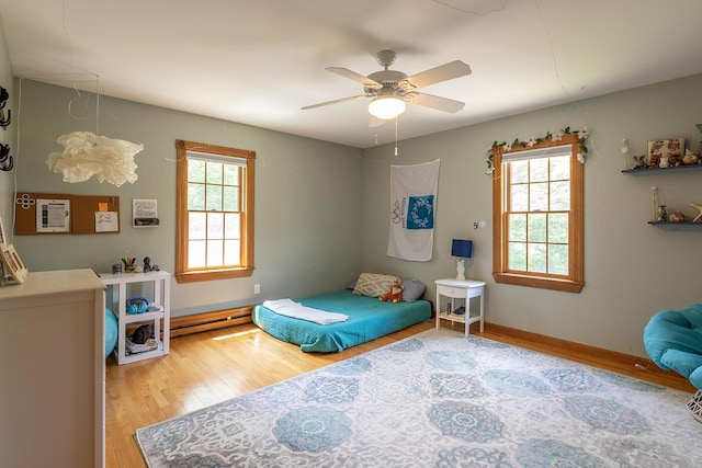 270 Park St, Rockport, ME 04856 - bedroom with wood finished floors, ceiling fan, and a baseboard radiator