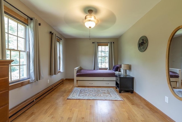 270 Park St, Rockport, ME 04856 - bedroom featuring a baseboard radiator, light wood-style floors, and ceiling fan