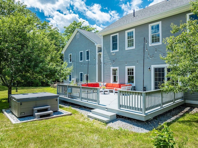 270 Park St, Rockport, ME 04856 - rear view of house featuring a hot tub, an outdoor hangout area, a yard, and a deck