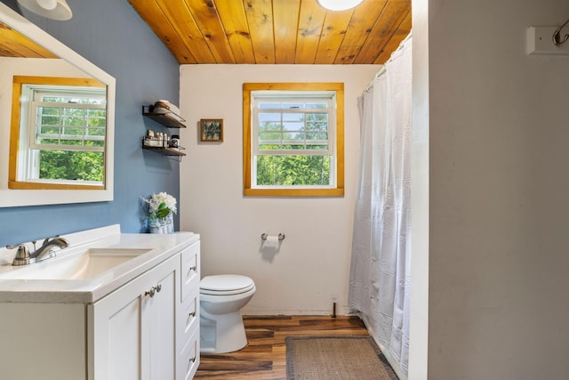 30 Cogliandro Dr, Acton, ME 04001 - bathroom with vanity, wood finished floors, healthy amount of natural light, wooden ceiling, and a shower with curtain