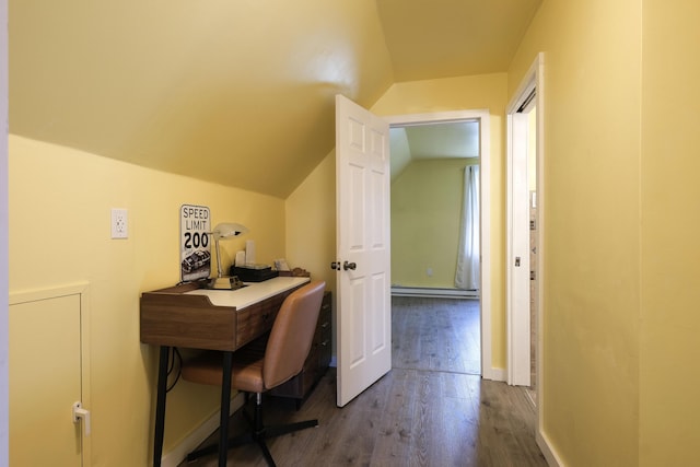 2 Church St, Deer Isle, ME 04627 - home office with dark wood-style floors, baseboard heating, and lofted ceiling