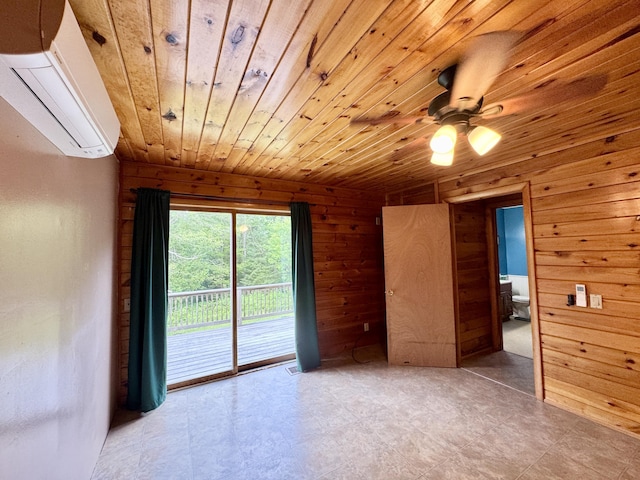 24 N Tiery St, Old Town, ME 04468 - unfurnished room with a wall unit AC, wooden ceiling, wood walls, and a ceiling fan
