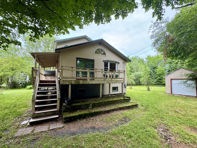 24 N Tiery St, Old Town, ME 04468 - rear view of house featuring a lawn, stairway, a wooden deck, an outdoor structure, and a garage