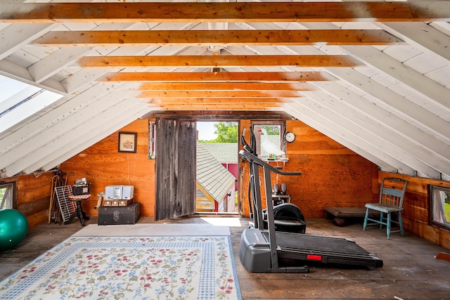 5 Chestnut St, Vinalhaven, ME 04863 - exercise area with wood walls, vaulted ceiling, and wood-type flooring