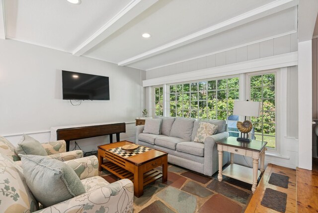 53 Beach Ave, Kennebunk, ME 04043 - living area with beamed ceiling, wood finished floors, and recessed lighting