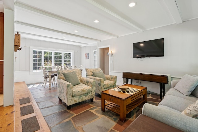 53 Beach Ave, Kennebunk, ME 04043 - living area featuring beamed ceiling and recessed lighting