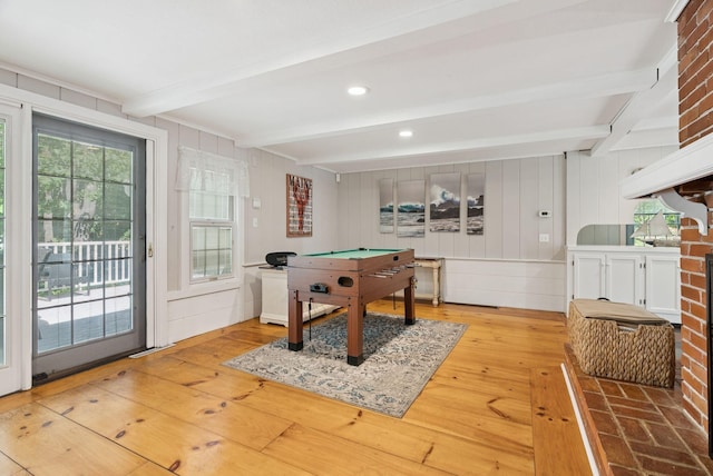 53 Beach Ave, Kennebunk, ME 04043 - rec room featuring beamed ceiling, billiards, light wood-style floors, and a decorative wall