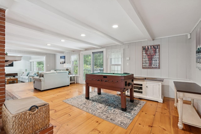 53 Beach Ave, Kennebunk, ME 04043 - playroom featuring beam ceiling, light wood finished floors, recessed lighting, and billiards