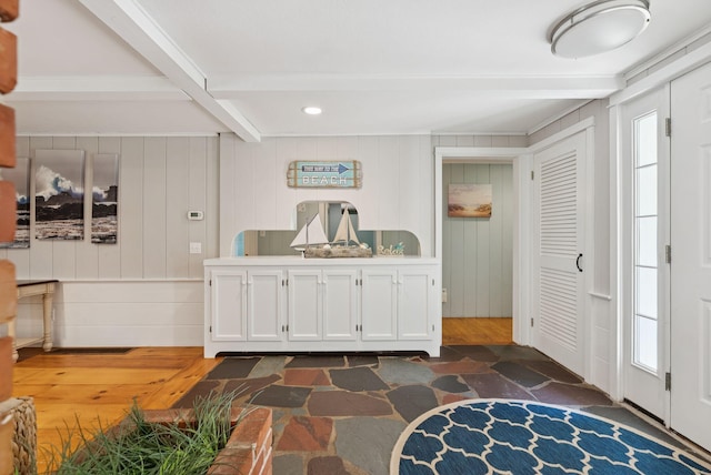 53 Beach Ave, Kennebunk, ME 04043 - entryway featuring stone floors, beam ceiling, and recessed lighting