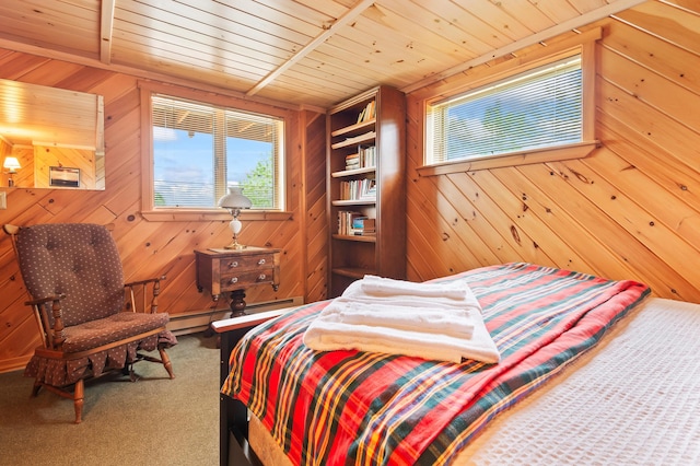 11 Overlook Rd, Rangeley, ME 04970 - carpeted bedroom with multiple windows, a baseboard radiator, wooden walls, and wood ceiling