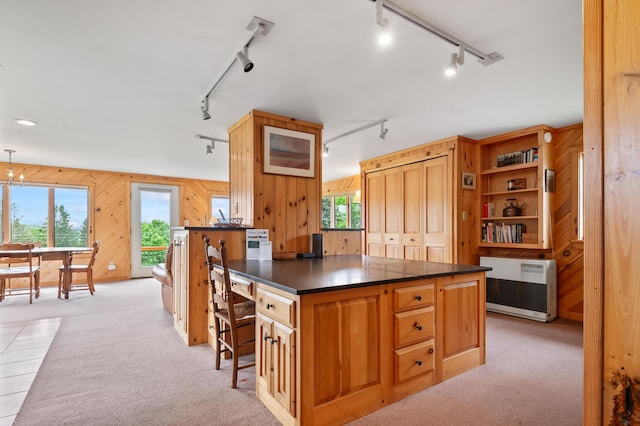 11 Overlook Rd, Rangeley, ME 04970 - kitchen featuring rail lighting, dark countertops, wooden walls, light carpet, and heating unit