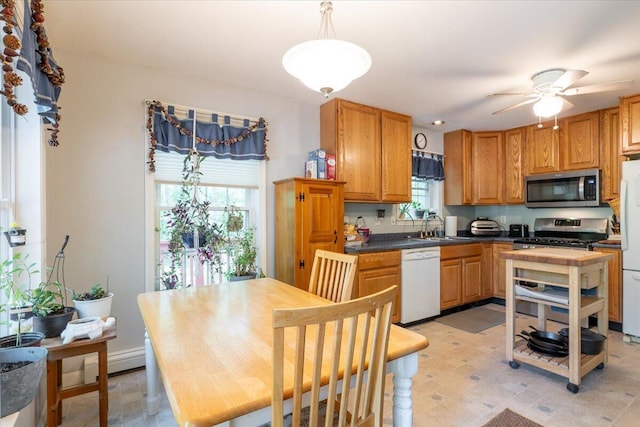 415 Waldoboro Rd, Jefferson, ME 04348 - kitchen with stainless steel appliances, plenty of natural light, ceiling fan, and dark countertops