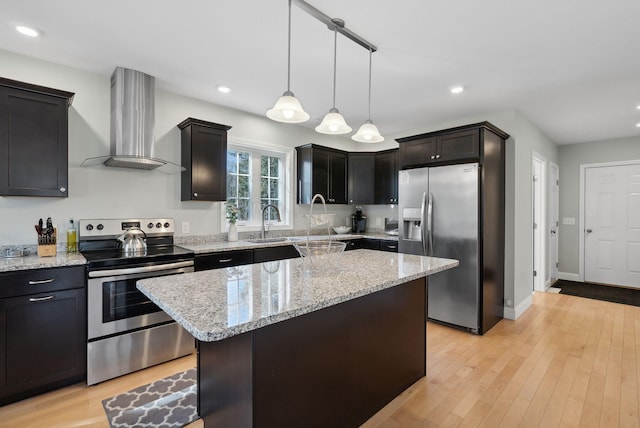5 Harmony Way, Falmouth, ME 04105 - kitchen featuring stainless steel appliances, extractor fan, light stone counters, hanging light fixtures, and recessed lighting