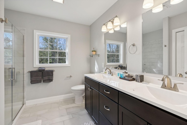 5 Harmony Way, Falmouth, ME 04105 - full bathroom with a shower stall, double vanity, plenty of natural light, and marble finish flooring