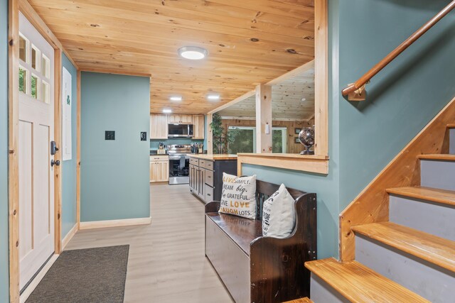 7 Papoose Island Rd, Raymond, ME 04071 - foyer with wooden ceiling, light wood-style floors, stairs, and recessed lighting