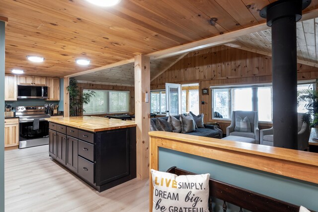 7 Papoose Island Rd, Raymond, ME 04071 - kitchen with stainless steel appliances, wood ceiling, butcher block countertops, lofted ceiling, and light wood-style flooring