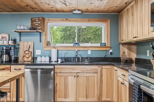 7 Papoose Island Rd, Raymond, ME 04071 - kitchen with stainless steel appliances, wooden ceiling, crown molding, open shelves, and light brown cabinets