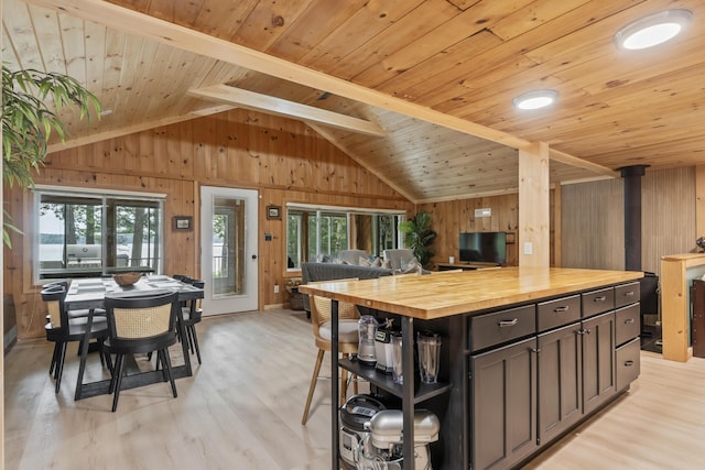 7 Papoose Island Rd, Raymond, ME 04071 - kitchen featuring wooden counters, wood ceiling, wood walls, vaulted ceiling, and light wood-style floors
