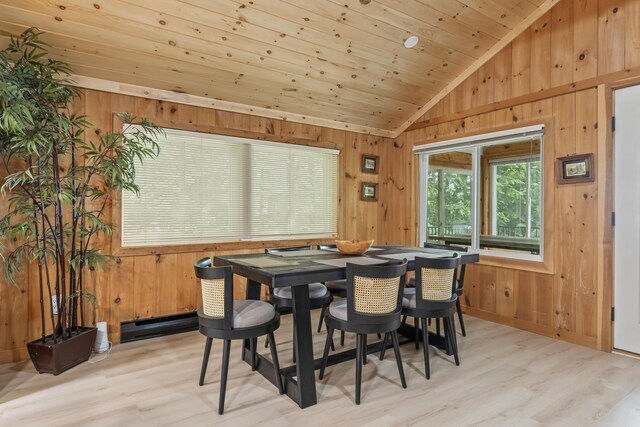 7 Papoose Island Rd, Raymond, ME 04071 - dining area featuring lofted ceiling, light wood finished floors, wood walls, baseboard heating, and wood ceiling