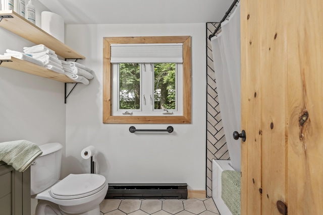 7 Papoose Island Rd, Raymond, ME 04071 - full bathroom featuring a baseboard heating unit, tile patterned flooring, and shower / bath combination with curtain