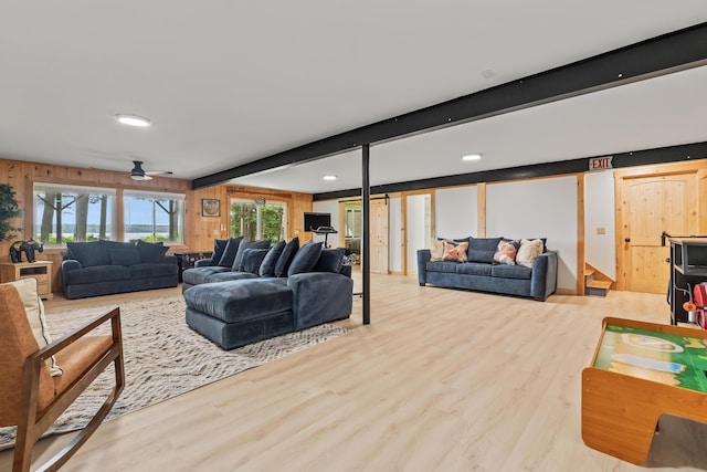 7 Papoose Island Rd, Raymond, ME 04071 - living room with wood finished floors, beamed ceiling, a ceiling fan, and recessed lighting