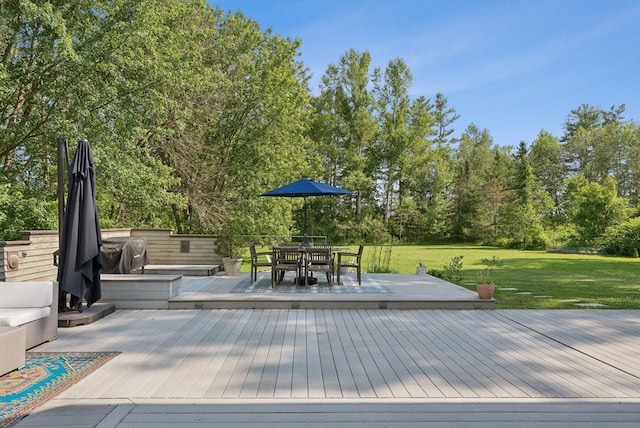 2 Far View Cir, Saco, ME 04072 - wooden deck with a lawn, outdoor dining area, and view of scattered trees
