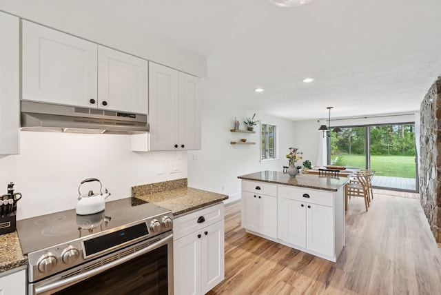 2 Far View Cir, Saco, ME 04072 - kitchen featuring stainless steel range with electric stovetop, under cabinet range hood, light wood finished floors, white cabinetry, and recessed lighting