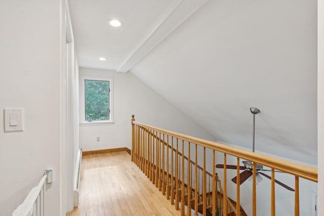 2 Far View Cir, Saco, ME 04072 - corridor with light wood-type flooring, lofted ceiling, an upstairs landing, recessed lighting, and a baseboard radiator