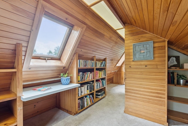 2 Far View Cir, Saco, ME 04072 - carpeted office featuring wood walls, wood ceiling, vaulted ceiling, and a skylight