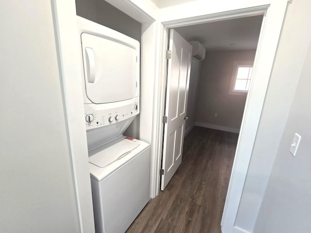 106 Cumberland Ave Unit 201, Portland, ME 04101 - laundry area with stacked washing machine and dryer, dark wood finished floors, and a wall unit AC