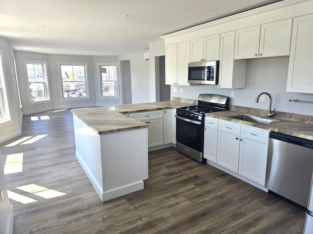 106 Cumberland Ave Unit 201, Portland, ME 04101 - kitchen with stainless steel appliances, a peninsula, dark wood-type flooring, and open floor plan