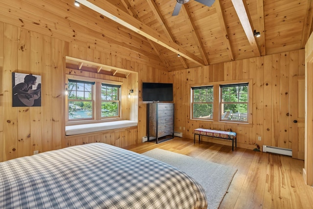 7 Coven Hill Ln, South Bristol, ME 04568 - bedroom featuring a baseboard heating unit, a wooden ceiling with exposed beams, light wood-style floors, wood walls, and a baseboard radiator