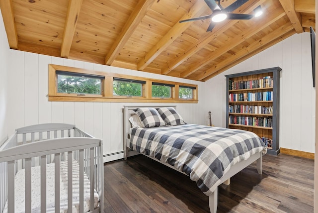 7 Coven Hill Ln, South Bristol, ME 04568 - bedroom featuring wood-type flooring, a baseboard heating unit, wooden walls, wood ceiling, and a ceiling fan