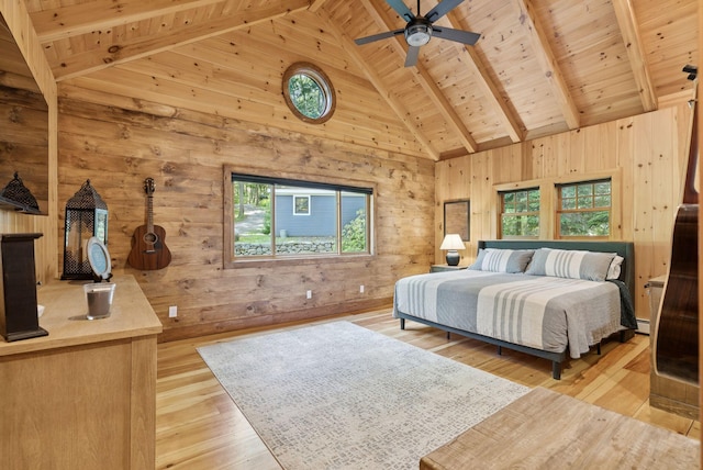 7 Coven Hill Ln, South Bristol, ME 04568 - bedroom with multiple windows, high vaulted ceiling, a wooden ceiling with exposed beams, wooden walls, and light wood-type flooring