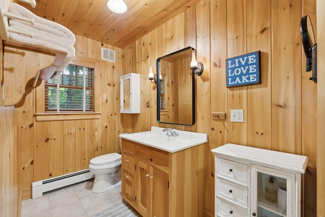 7 Coven Hill Ln, South Bristol, ME 04568 - bathroom featuring baseboard heating, vanity, wood walls, and wooden ceiling