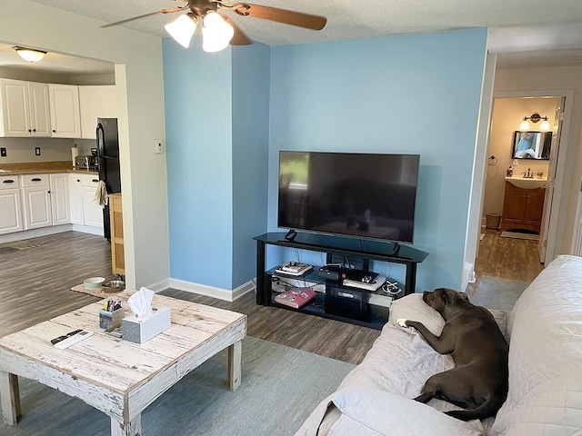 232 Hatch Rd, Prospect, ME 04981 - living area with dark wood finished floors and a ceiling fan