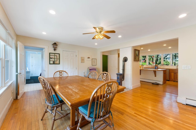 390 Front St, Bath, ME 04530 - dining space with light wood finished floors, a ceiling fan, recessed lighting, a baseboard heating unit, and baseboard heating