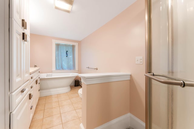 390 Front St, Bath, ME 04530 - bathroom with a soaking tub, vanity, tile patterned floors, and a shower with door
