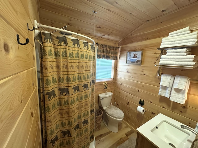 1093 N Chester Rd, Chester, ME 04457 - bathroom featuring vaulted ceiling, wood walls, vanity, curtained shower, and wood ceiling